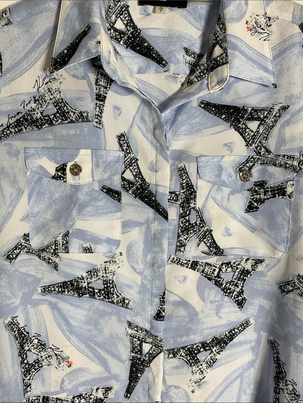Karl Lagerfeld Paris Whimsical Eiffel Tower Roll-Tab Blouse Size S Blue - Picture 2 of 8